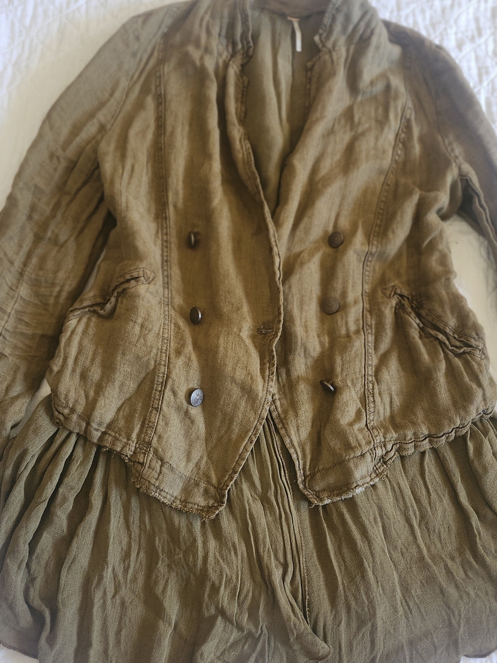 Free People Women's Olive Double-Breasted Linen Blend Jacket